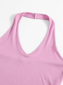 SHEIN EZwear Rib-Knit Crop Halter Top - Lilac Purple - View 5