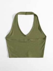 SHEIN EZwear Rib-Knit Crop Halter Top - Army Green - View 2