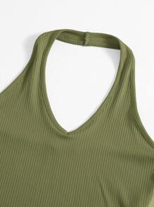 SHEIN EZwear Rib-Knit Crop Halter Top - Army Green - View 3