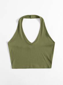 SHEIN EZwear Rib-Knit Crop Halter Top - Army Green - View 4