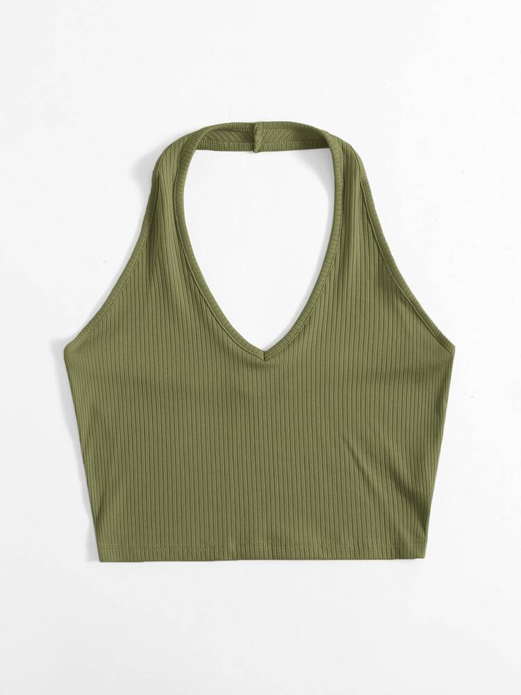 SHEIN EZwear Rib-Knit Crop Halter Top - Army Green - View 4