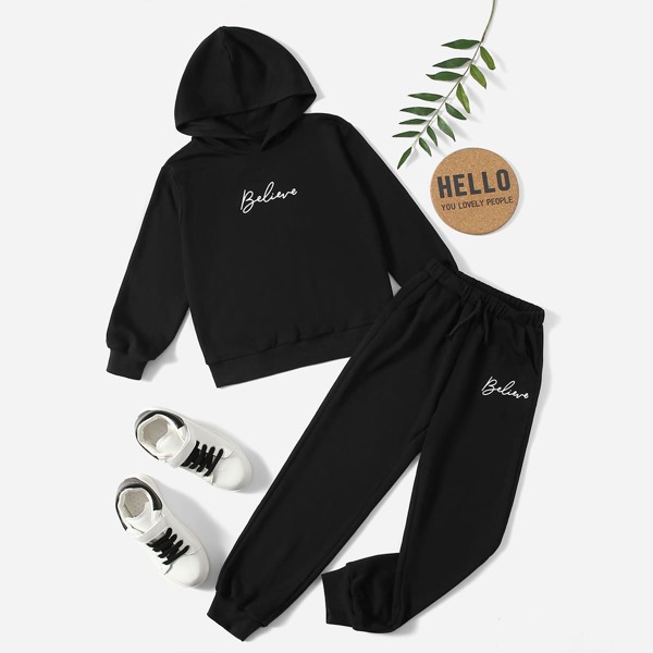 

Boys Letter Graphic Hoodie & Drawstring Waist Sweatpants, Black