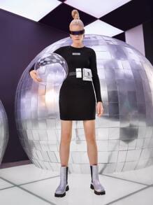 SHEIN ICON Solid Letter Patched Dress Without Belt - Black - View 6