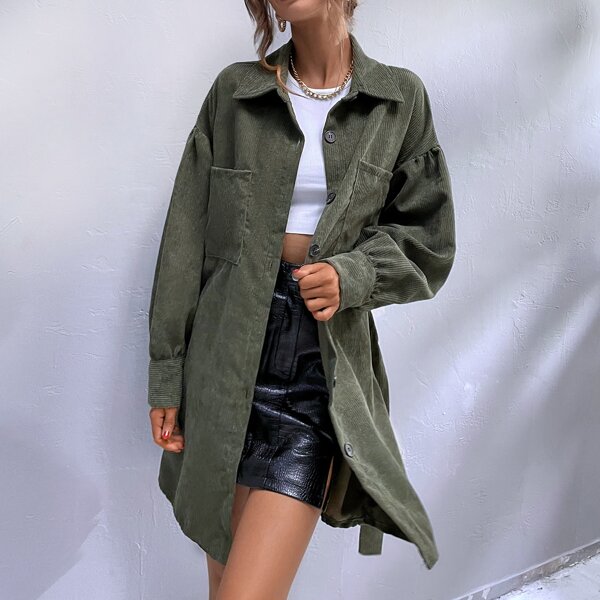 

Pocket Patched Belted Drop Shoulder Corduroy Coat, Army green