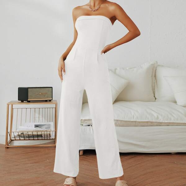 

Solid Wide Leg Tube Jumpsuit, White