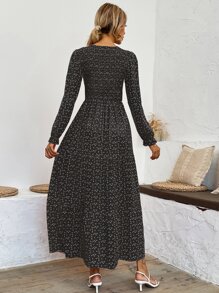 SHEIN Clasi Ditsy Floral Shirred Ruffle Hem A-line Dress - Black - View 2