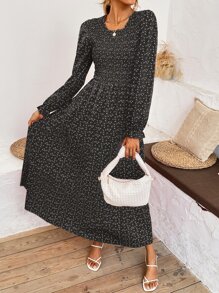 SHEIN Clasi Ditsy Floral Shirred Ruffle Hem A-line Dress - Black - View 3