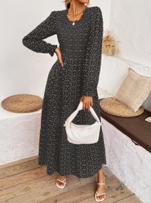 SHEIN Clasi Ditsy Floral Shirred Ruffle Hem A-line Dress - Black - View 4