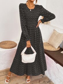 SHEIN Clasi Ditsy Floral Shirred Ruffle Hem A-line Dress - Black - View 5