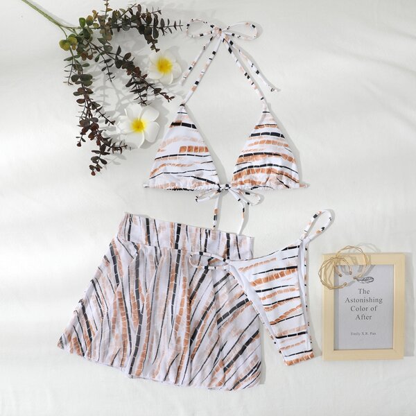 

3pack Random Print Halter Micro Triangle Bikini Swimsuit & Beach Skirt, Multicolor