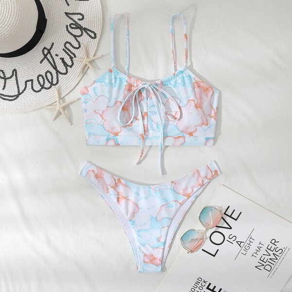 

Tie Dye Tie Front Bikini Swimsuit, Multicolor