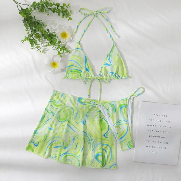 

3pack Fluid Pattern Halter Micro Triangle Bikini Swimsuit & Beach Skirt, Multicolor