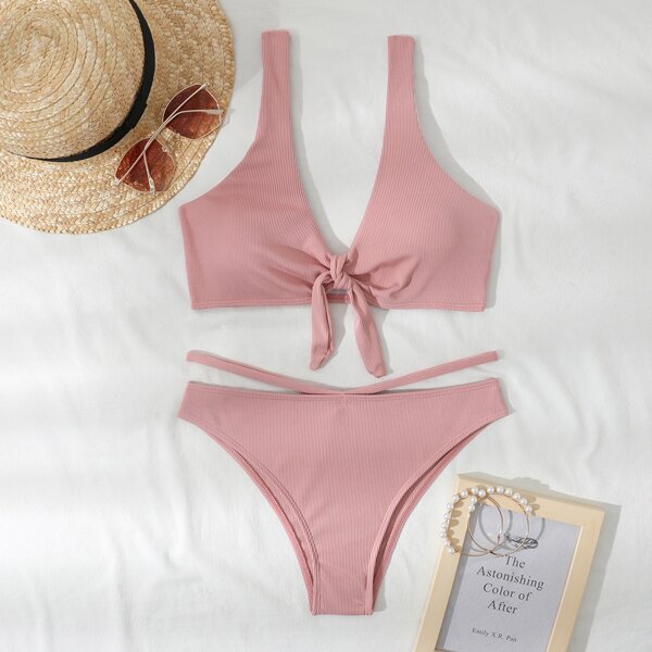 

Ribbed Cut-out Knot Front Bikini Swimsuit, Watermelon pink