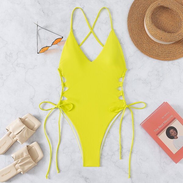 

Plain Lace Up Cut-out One Piece Swimsuit, Yellow