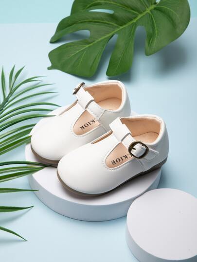 1pair Little Girls' Buckle Strap Decorated Flat Casual Shoes