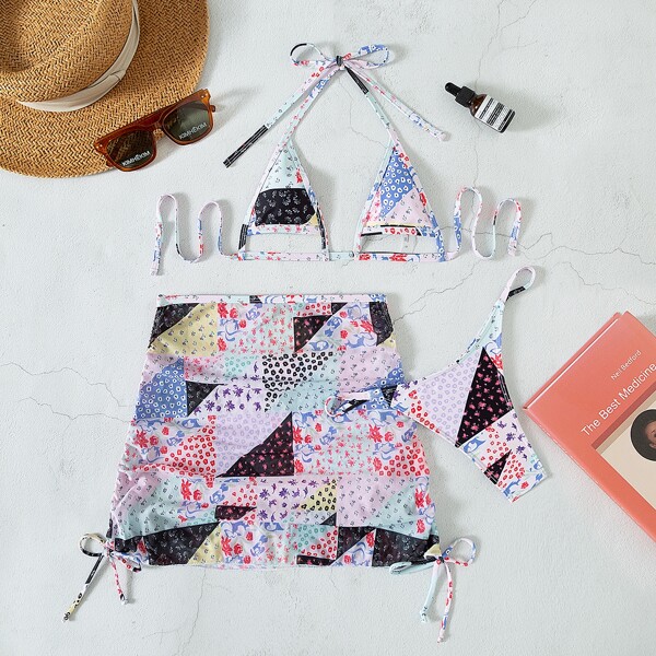 

3pack Ditsy Floral Print Cut-out Halter Micro Triangle Bikini Swimsuit & Beach Skirt, Multicolor