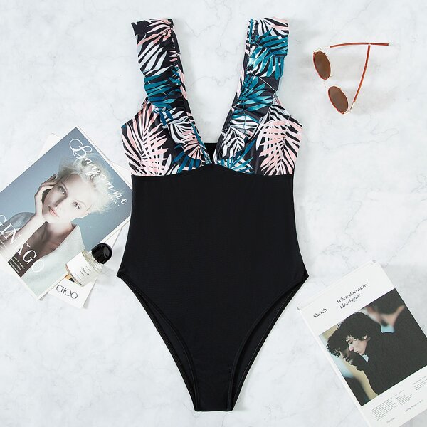 

Plant Print Ruffle One Piece Swimsuit, Multicolor