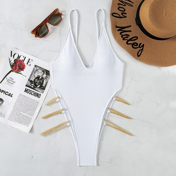 

Plain Chain Linked One Piece Swimsuit, White