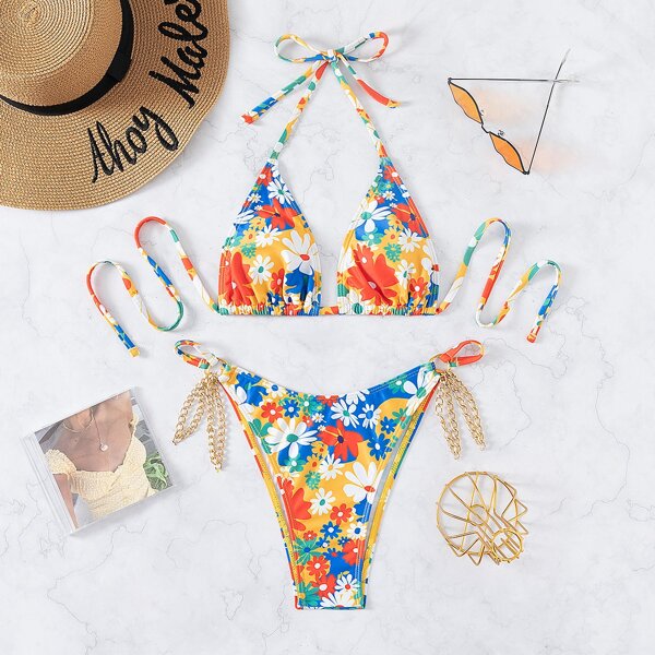 

Floral Print Chain Linked Bikini Swimsuit, Multicolor