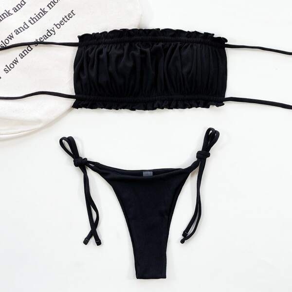 

Ruched Frill Bandeau Tie Side Bikini Swimsuit, Black