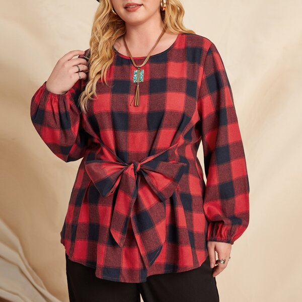 

Plus Buffalo Plaid Tie Front Blouse, Multicolor