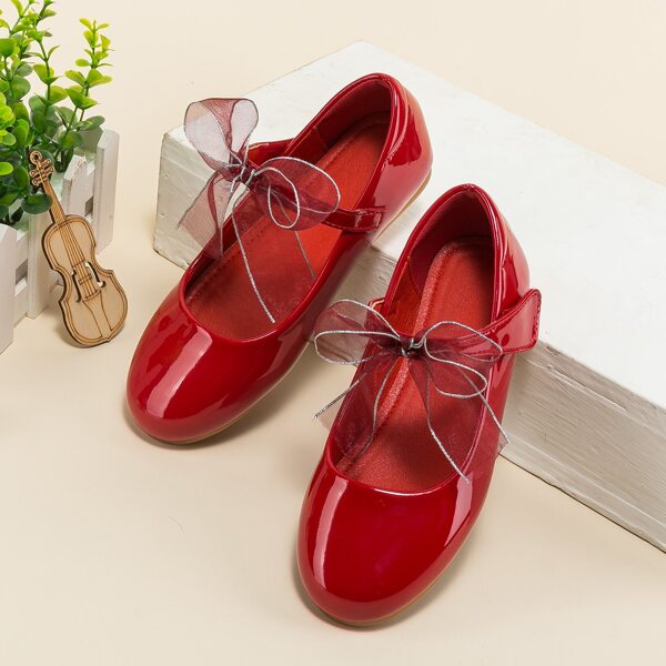 

Girls Bow Decor Velcro Strap Flats, Red