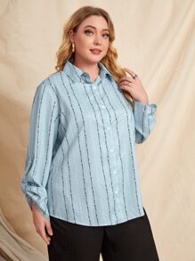 大碼條紋圖案捲邊袖襯衫 - 霧霾藍 - 查看 1