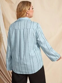 大碼條紋圖案捲邊袖襯衫 - 霧霾藍 - 查看 2
