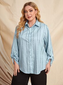 大碼條紋圖案捲邊袖襯衫 - 霧霾藍 - 查看 3