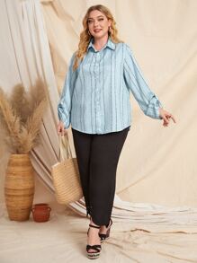 大碼條紋圖案捲邊袖襯衫 - 霧霾藍 - 查看 4