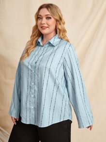 大碼條紋圖案捲邊袖襯衫 - 霧霾藍 - 查看 5