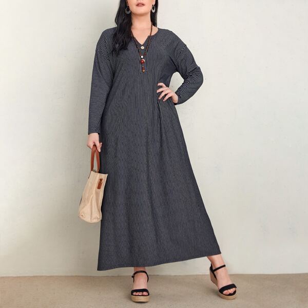 

Plus Vertical Stripe Notched Neck Drop Shoulder Dress, Navy blue