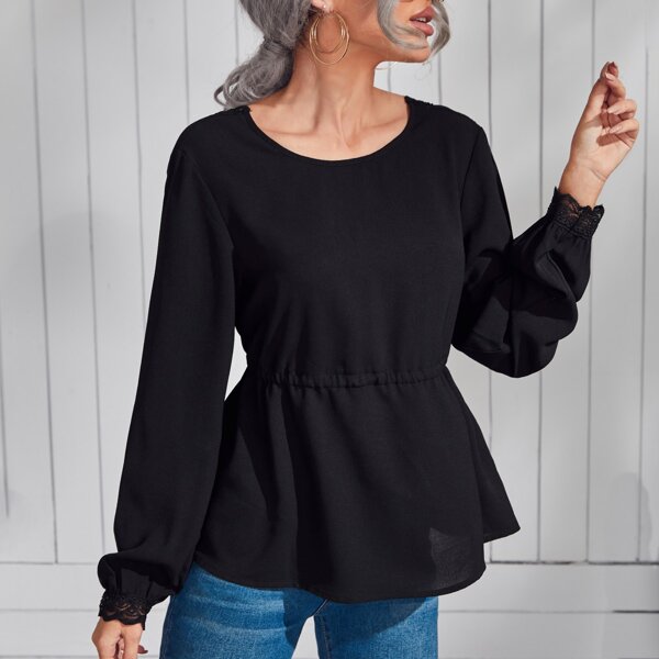 

Contrast Lace Drawstring Back Peplum Blouse, Black