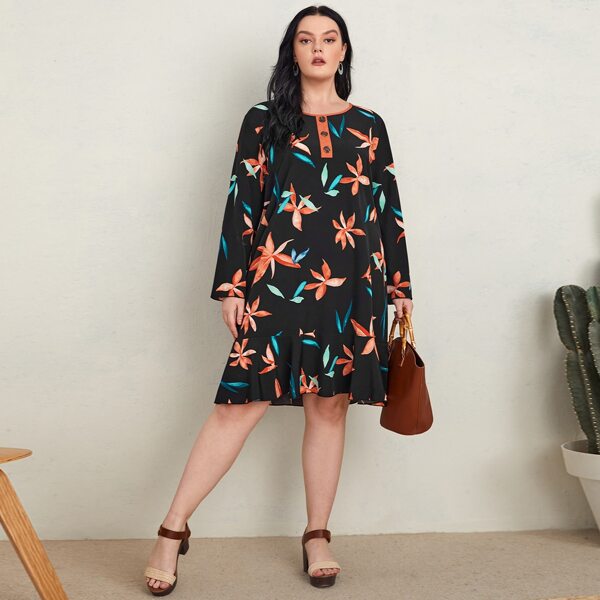 

Plus Floral Print Ruffle Hem Single Breasted Smock Dress, Black