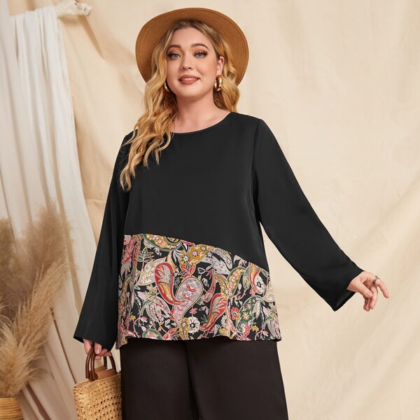

Plus Paisley Print Round Neck Blouse, Multicolor