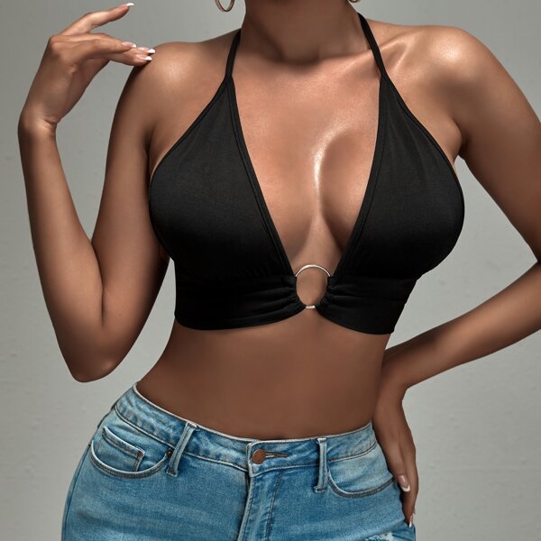

O-ring Linked Backless Halter Top, Black