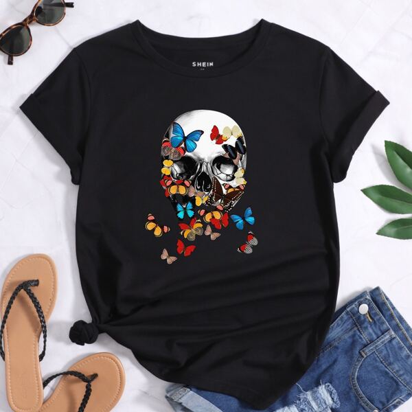 

Skull And Butterfly Print Tee, Black