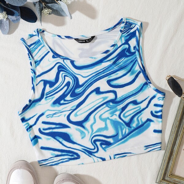 

Marbled Rib-knit Tank Top, Blue and white