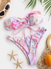 Swim Mod Summer Beach Floral Print Tie Front Bandeau Bra & High Cut Bottom 2 Piece Bathing Suit - Lilac Purple - View 1