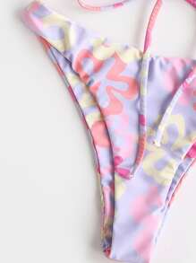 Swim Mod Summer Beach Floral Print Tie Front Bandeau Bra & High Cut Bottom 2 Piece Bathing Suit - Lilac Purple - View 3