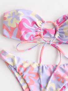 Swim Mod Summer Beach Floral Print Tie Front Bandeau Bra & High Cut Bottom 2 Piece Bathing Suit - Lilac Purple - View 4