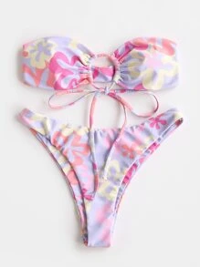Swim Mod Summer Beach Floral Print Tie Front Bandeau Bra & High Cut Bottom 2 Piece Bathing Suit - Lilac Purple - View 5
