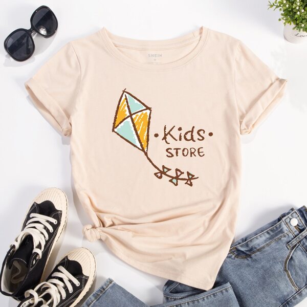 

Letter & Graphic Short Sleeve Tee, Apricot