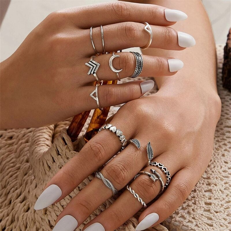 

13pcs Moon & Heart Decor Ring, Silver