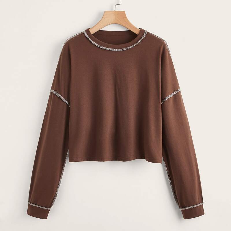 

Stitching Trim Drop Shoulder Crop Tee, Coffee brown