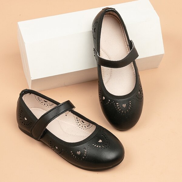 

Girls Hollow Out Design Velcro Strap Flats, Black