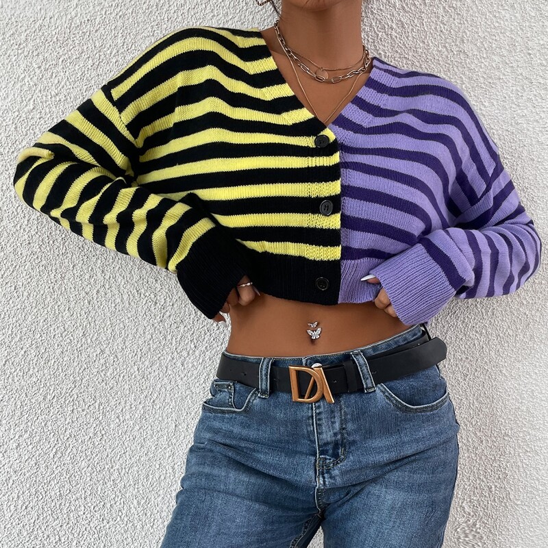 

Drop Shoulder Colorblock Striped Cardigan, Multicolor