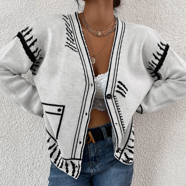 

V Neck Button Front Contrast Binding Cardigan, Black and white
