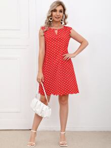 SHEIN Clasi 波卡圓點貝殼邊洋裝 - 紅色 - 查看 4