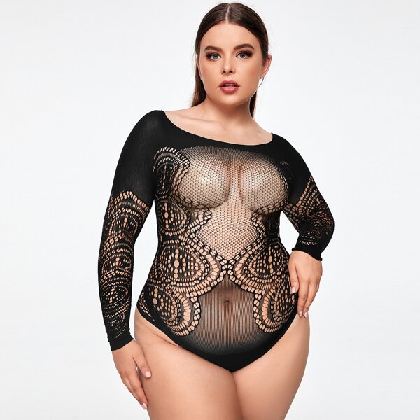 

Plus Fishnet Teddy Bodysuit, Black